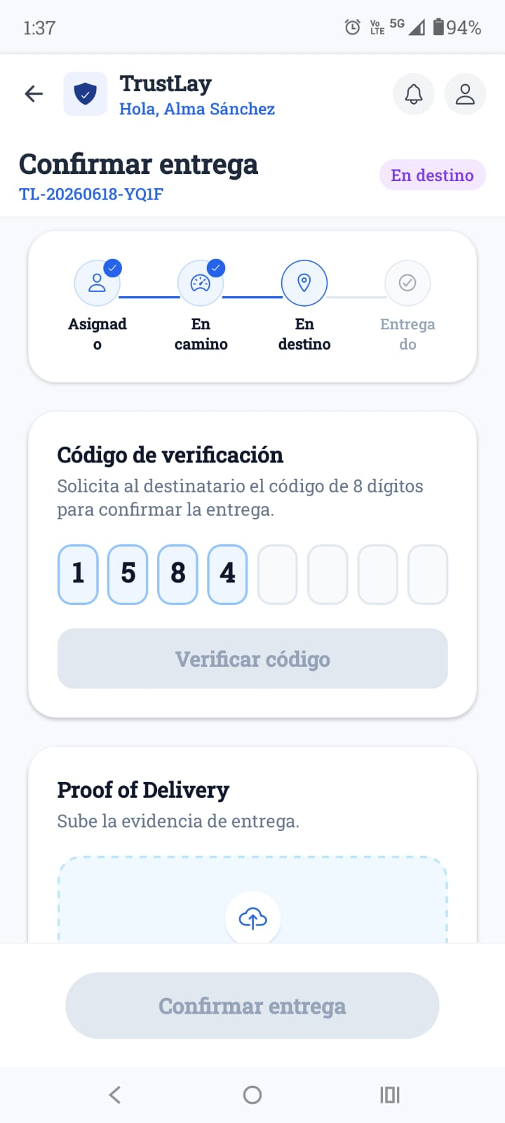 App de TrustLay confirmando la entrega